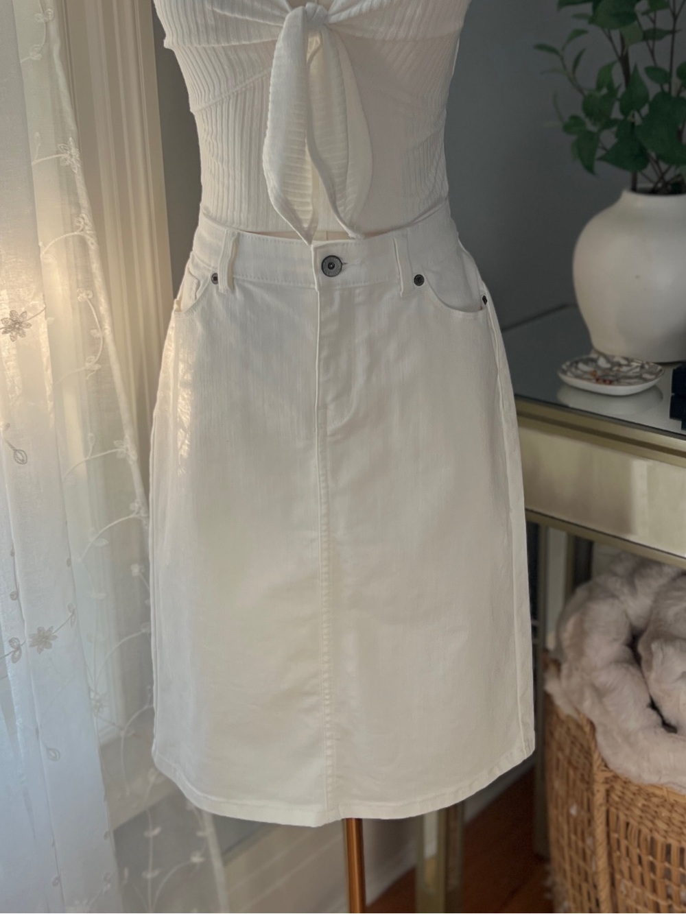 Lands' End White Stretch Denim Pencil Skirt